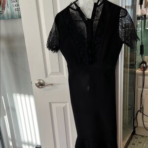 VENUS Black Lace-Trim V-Neck Midi Dress